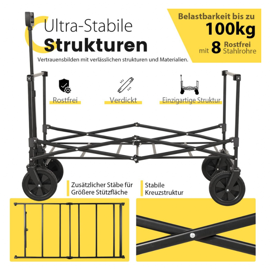 XXL Bollerwagen Faltbar 160L, Faltbarer, Belastbarkeit 100KG, Schwarz