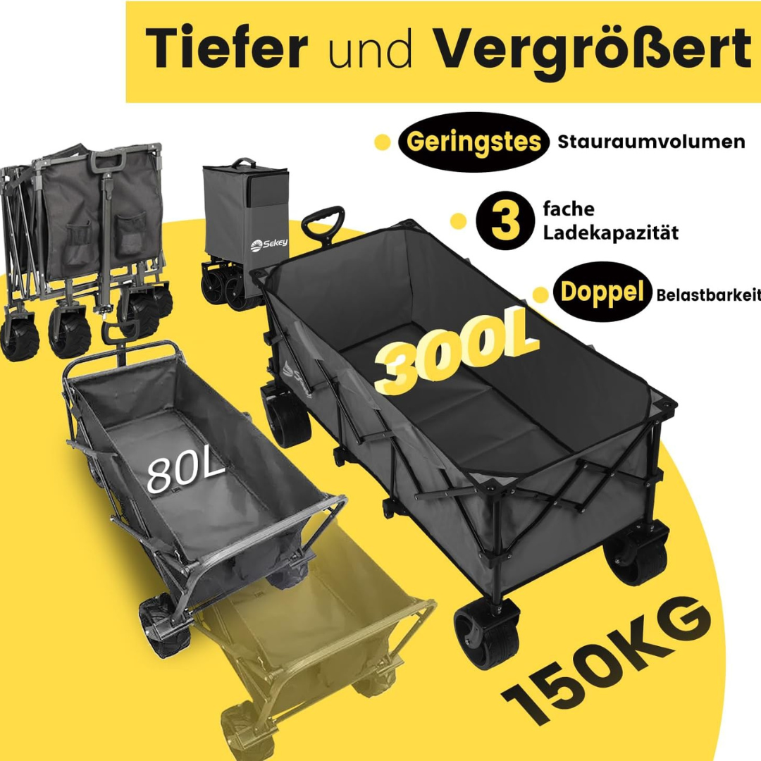 XXXL Bollerwagen Faltbar Extralang mit Bremsen 300L 150KG, Grau kaufen | Bollerwagen