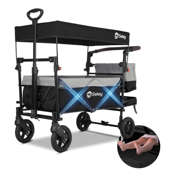 Sekey Bollerwagen Faltbar mit Dach für 2 Kinder, 150KG, Schiebegriff, Kinderwagen Grau mit Schwarz