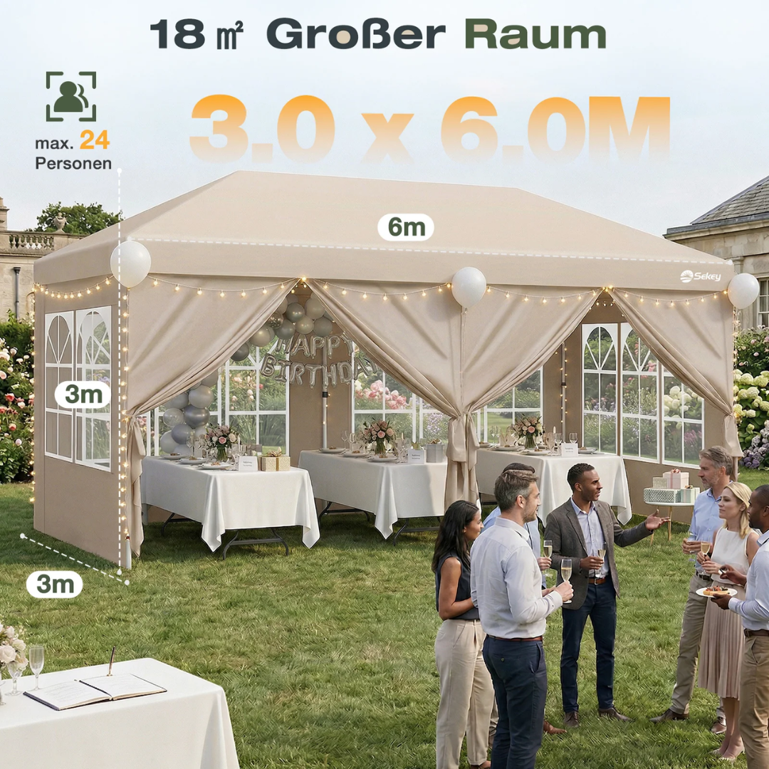 Sekey 3x6m One-Touch Pop-Up Pavillon mit Seitenwänden – Wasserdicht & Windfest – Bild 2