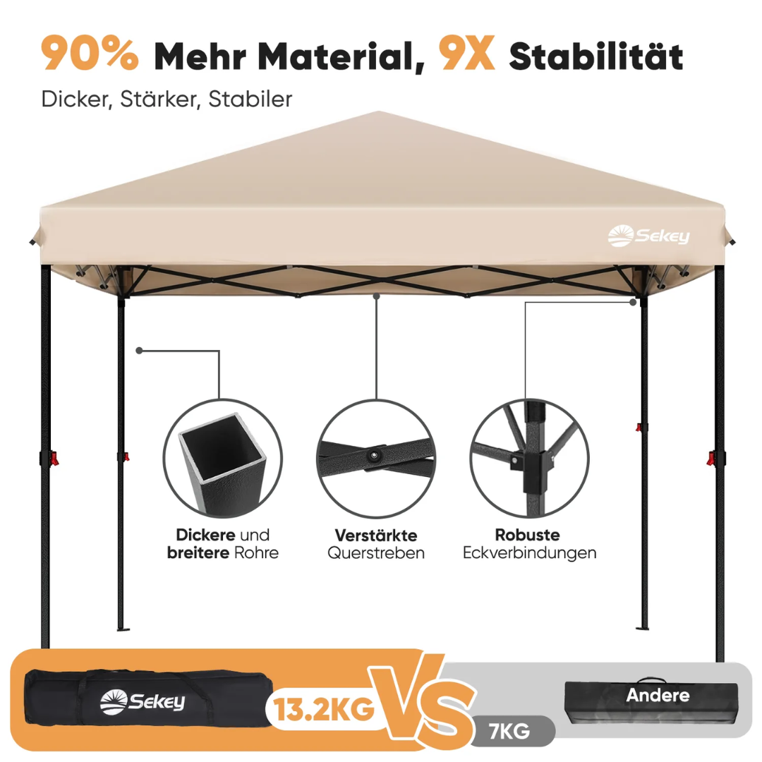 Sekey Premium Pop-Up Pavillon 3×3 m – Wasserdicht & Stabil, Faltpavillon mit Seitenwänden, Höhenverstellbar 250–270 cm - Grau – Bild 3