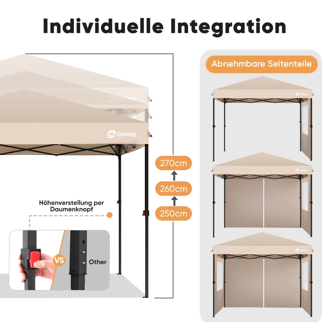 Sekey Premium Pop-Up Pavillon 3×3 m – Wasserdicht & Stabil, Faltpavillon mit Seitenwänden, Höhenverstellbar 250–270 cm - Grau – Bild 6