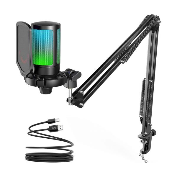 FIFINE Gaming Mikrofon PC mit Arm, USB Microphone Kit mit Stummschalttaste für Podcast Streaming Studio, für MAC PS4 PS5