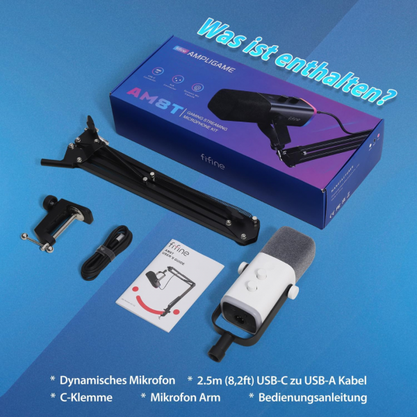 FIFINE XLR Streaming Mikrofon mit Arm für Podcast Studio, Gaming mit Stummschalttaste, für PS4/5 Mac Mixer Soundkarten - Weiß – Bild 2