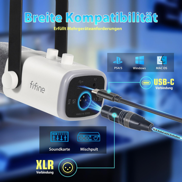 FIFINE XLR Streaming Mikrofon mit Arm für Podcast Studio, Gaming mit Stummschalttaste, für PS4/5 Mac Mixer Soundkarten - Weiß – Bild 3