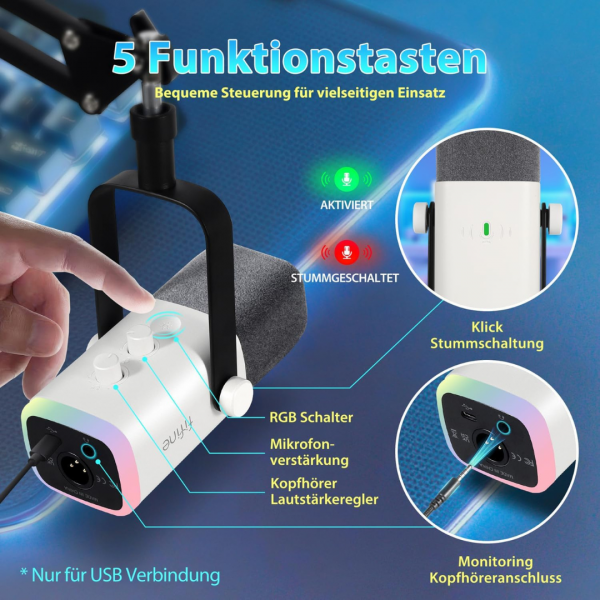 FIFINE XLR Streaming Mikrofon mit Arm für Podcast Studio, Gaming mit Stummschalttaste, für PS4/5 Mac Mixer Soundkarten - Weiß – Bild 4