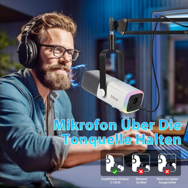 FIFINE XLR Streaming Mikrofon mit Arm für Podcast Studio, Gaming mit Stummschalttaste, für PS4/5 Mac Mixer Soundkarten - Weiß – Bild 5