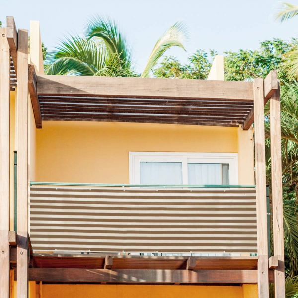 Sekey Balkon Sichtschutz Balkonabdeckung HDPE 220 g/m², Leicht Transparent Wind- und UV-Schutz, Braun-Weiß Gestreift – Bild 3