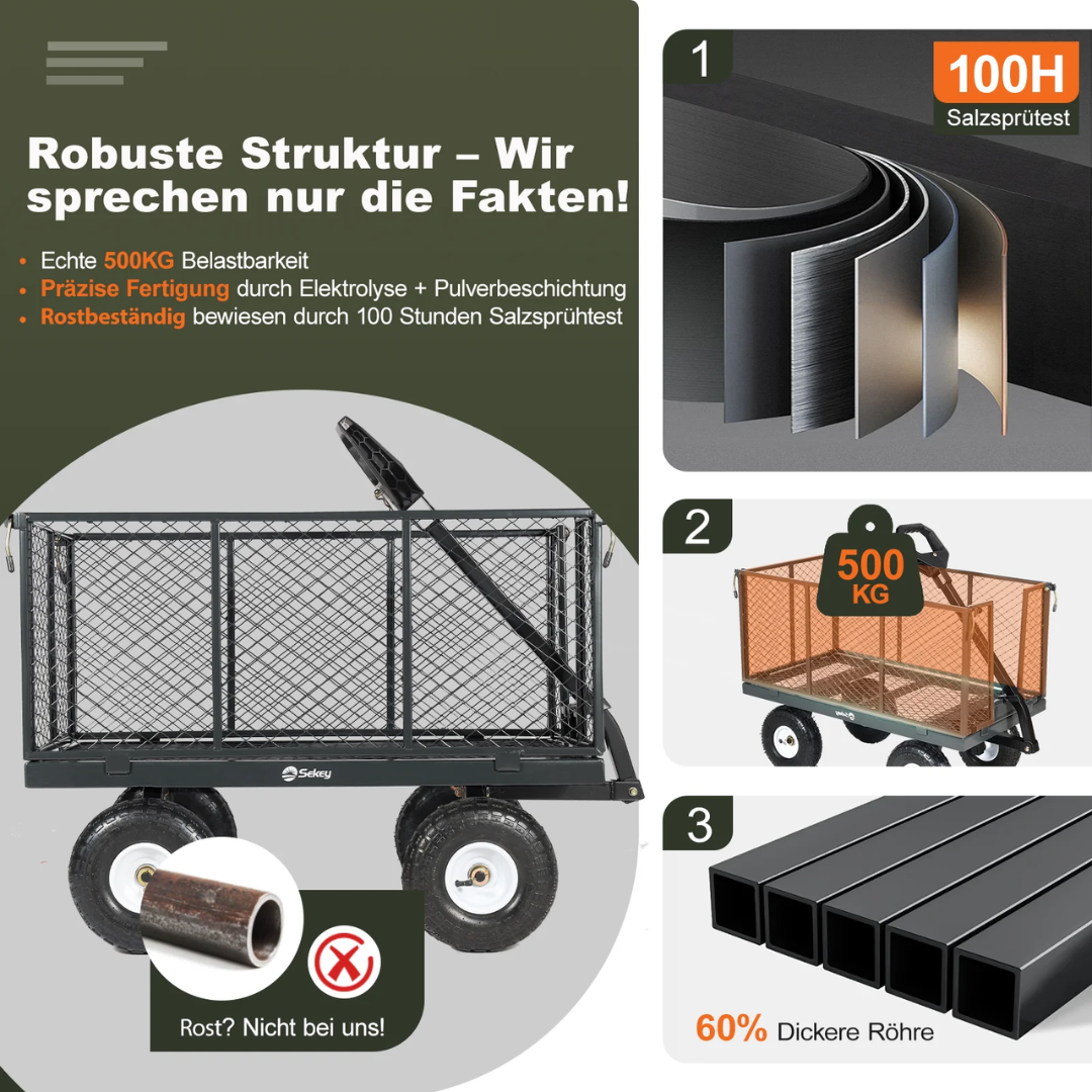 Gartenwagen mit abnehmbaren Seitenwänden & 10-Zoll-Gummireifen, Grün – Bild 5