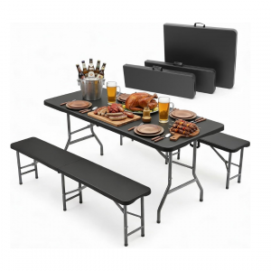 3-tlg. Bierzeltgarnitur 180 cm – Klappbares Gartenmöbel-Set mit Tisch & 2 Bänken, Wetterfest & Tragbar für Garten, Balkon & Camping