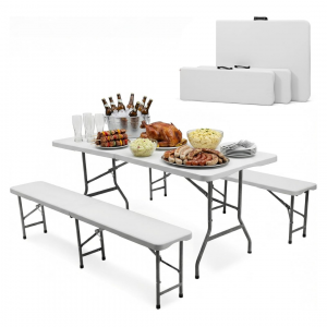 3-tlg. Bierzeltgarnitur 180 cm – Klappbares Gartenmöbel-Set mit Tisch & 2 Bänken, Wetterfest & Tragbar für Garten, Balkon & Camping - Weiß