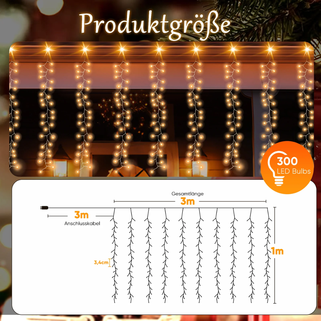 LED-Lichtervorhang 300er Eisregen 3x1 m, 8 Modi & Timer, Warmweiß – Bild 2