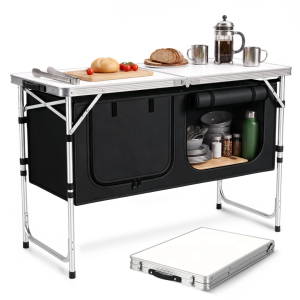 Sekey Campingtisch faltbar 120 cm, höhenverstellbarer Campingtisch mit 2 Staufächern